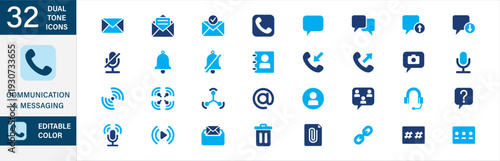 Communication and messaging icon set in dual tone blue color design. Chat, voice, video call icons set. Contain icon of group chat, mic, notification, contact, share, broadcast, streaming, archive.