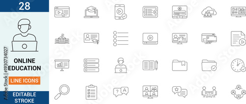 Outline icon pack for online education, e-learning platforms, virtual classrooms, webinars, students, teachers, courses, exams, certificates, and digital study tools.