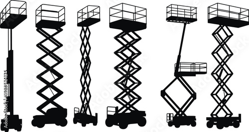 Scissor Lift Silhouette Vector Set, Aerial Work Platform Icons, Hydraulic Lift Equipment, Construction Machinery, Industrial Elevator, Elevated Work Access, Safety Platform, Isolated