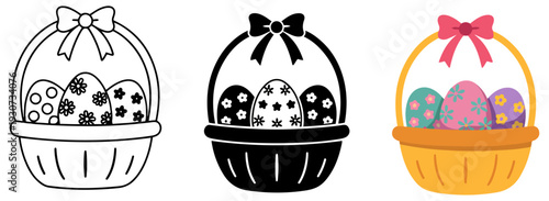 easter eggs basket line icon set