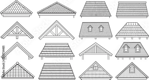 Gable roof types and shingle patterns set, wooden truss, dormer window house roofing vector illustration collection