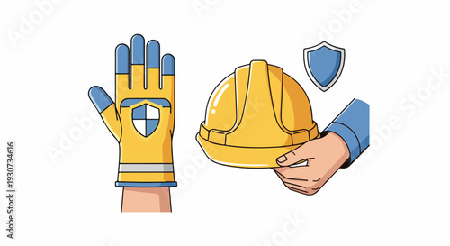 Illustration of a hand holding a yellow hard hat and another hand wearing a yellow work glove with a blue shield logo on a white background.