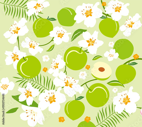 Seamless Green Plum and Blossom Pattern Flat Vector Botanical Background