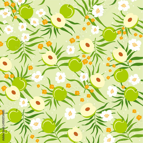 Seamless Green Plum and Blossom Pattern Flat Vector Botanical Background