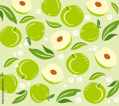 Seamless Green Plum and Blossom Pattern Flat Vector Botanical Background