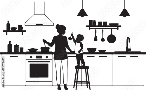 Set of chef silhouettes cooking food on kitchen stove and barbecue grill wearing aprons isolated on white background flat vector illustration.