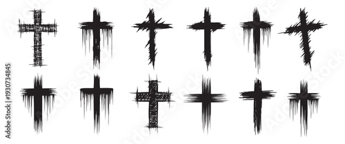Artistic religious cross silhouette set with grunge and dripping paint effect for spiritual christian design.