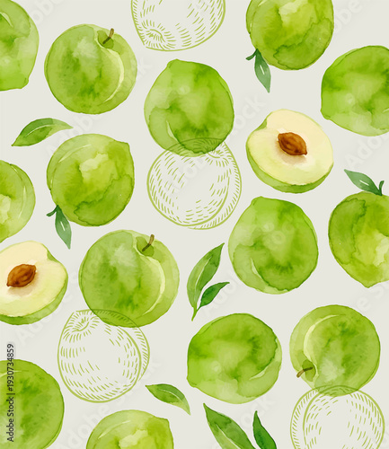 Watercolor Green Plum Seamless Pattern with Leaves Botanical Fruit Illustration