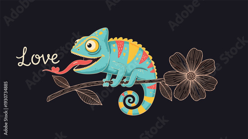 Charming illustration of a colorful chameleon on a branch using its long tongue to catch a red heart against a dark sky.