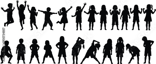 Children silhouette collection isolated on white background, active boys and girls jumping, stretching and playing, healthy lifestyle concept illustration