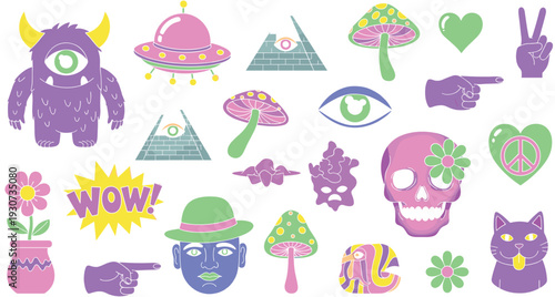 Trippy Psychedelic Cartoon Icon Set with Alien Monster, UFO, All Seeing Eye, Magic Mushrooms, Skull, and Retro Pop Art Symbols