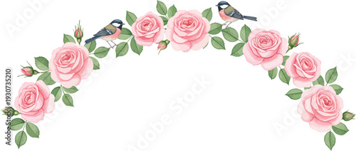 Pink roses and birds archway illustration with green leaves floral border