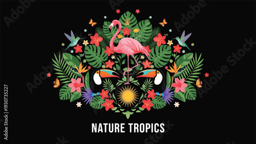 Tropical nature composition on a black background features a pink flamingo surrounded by toucans, hummingbirds, and lush flowers.