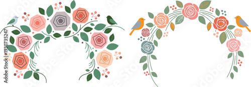 Watercolor floral arches with birds and roses on white background