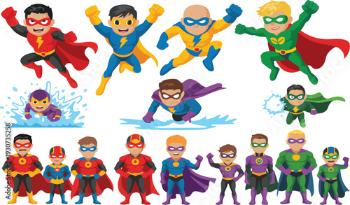 Cute Kids Superhero Illustration Set with Boys and Girls in Colorful Costumes, Capes and Action Flying Poses
