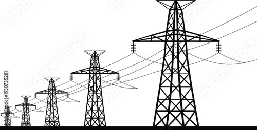 High voltage power line towers silhouette vector, electricity transmission pylons with cables perspective isolated on white backgroundHigh voltage power line towers h 