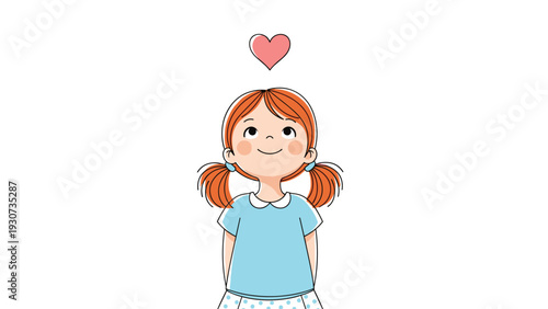 Darling illustration of a young girl with red hair looking up at a floating pink heart with a smile on her face.