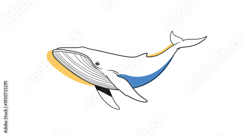 Modern minimalist line drawing of a whale swimming with simple blue and yellow accents on a white background.