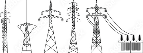 High voltage transmission towers vector set, electric power line pylons and transformer station line art illustration for energy infrastructure design
