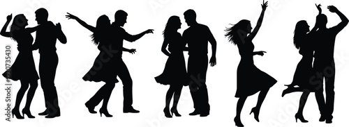 Dancing couples silhouette collection isolated on white background, elegant men and women performing ballroom and party dance poses illustration
