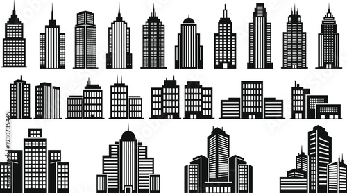 City skyline skyscraper silhouette collection, modern urban office buildings and downtown architecture vector set isolated on white background