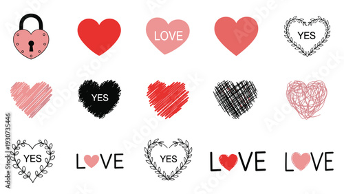 Set of various heart icons including a padlock with the word Love and Yes for romantic and wedding themed graphic designs.