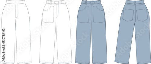 High waist wide leg jeans set front and back view, casual denim pants fashion template flat vector illustration isolated on light background