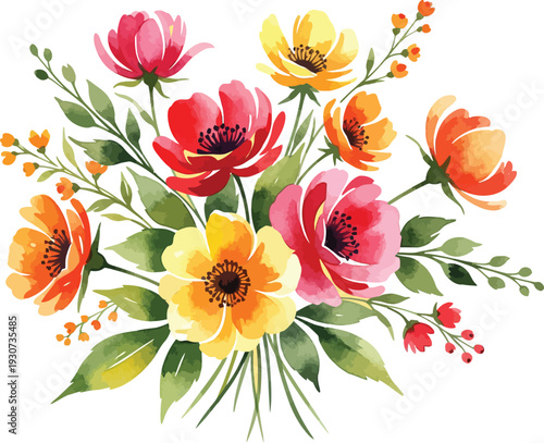 Vibrant bouquet of colorful tulips and sunflowers on white background