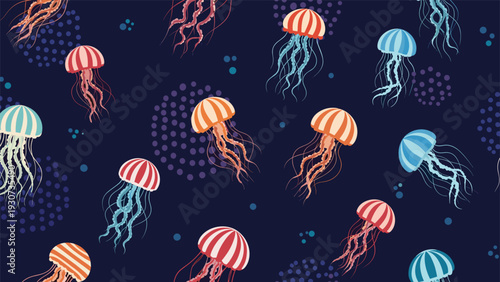 Whimsical pattern of colorful jellyfish with long tentacles floats across a dark blue ocean background with polka dot bubbles.
