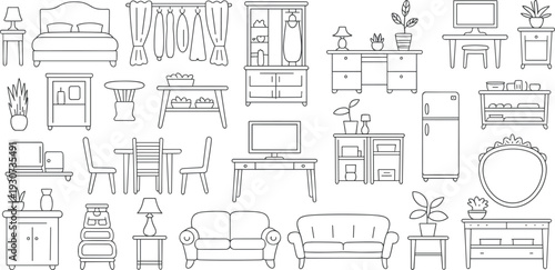 Home furniture outline vector set, bedroom, living room and kitchen interior collection with sofa, bed, table and cabinet isolated on white