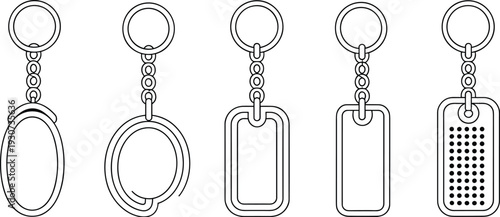 Keychain pendant outline vector set, metal key ring with oval and rectangular tag charm collection isolated on white
