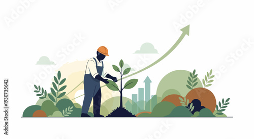 Illustration of a person planting a tree with a growing graph and cityscape in the background, surrounded by lush greenery and plants.