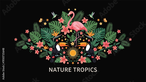 Vibrant Nature Tropics design features a pink flamingo and two toucans surrounded by lush palm leaves and exotic flowers.