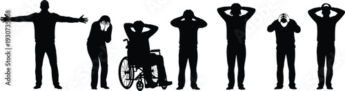 Depressed and stressed people silhouette collection isolated on white background, men and woman showing anxiety, frustration and mental health concept