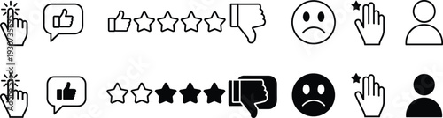 Customer feedback icon set including star ratings, thumbs up and down, sad face emoji, user profiles, and hand clicking symbols.