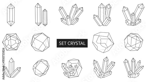Set Crystal collection displays various geometric mineral shapes and clusters in a clean black and white line art style.