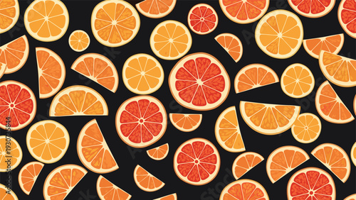 Vibrant orange and grapefruit slices and segments are scattered across a dark black background for a fresh citrus pattern.