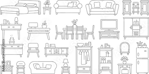 Modern home furniture outline vector set, living room, bedroom and kitchen interior collection with sofa, bed, cabinet and table isolated on white