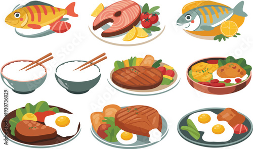 Collection of Traditional Asian Food Dishes Featuring Fish, Chicken, Rice, Eggs and Meat Vector Illustrations