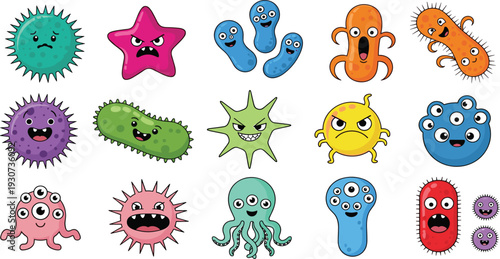 Cute Cartoon Germs and Bacteria Monster Characters Vector Set with Funny Microbes Virus Cells for Kids Education and Healthcare Design.