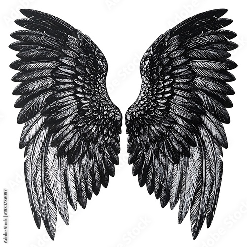 Pair of stylized, symmetrical wings, detailed with many feathers; isolated on a white background with a faint shadow