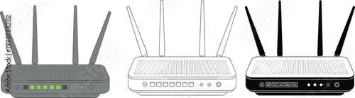 Modern wireless router trio, three device vector set, wifi antennas, network hardware, technical line art, monochrome electronics illustration for technology stock
