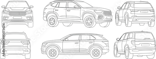 Modern SUV car vector set, front side rear view sport utility vehicle line art collection, detailed crossover automobile outline illustration