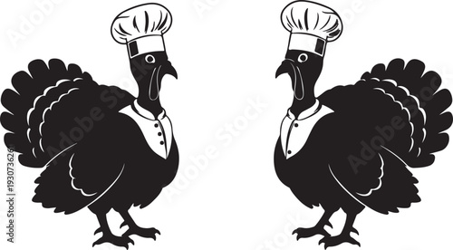 Two chef turkey silhouettes wearing chef hats for thanksgiving and cooking