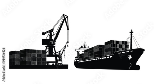 A striking black and white image depicts a port scene with a cargo ship cranes and containers in silhouette high quality