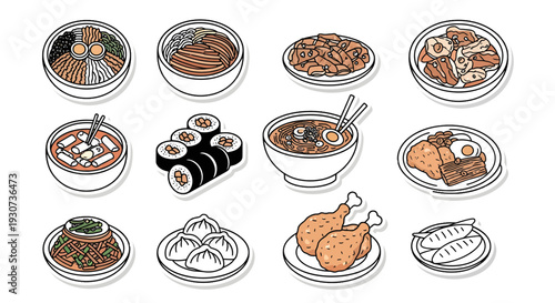 Korean Food Sticker Set Illustration - Hand Drawn Traditional Cuisine Icons Vector - Bibimbap Gimbap Tteokbokki Ramen and Fried Chicken Collection