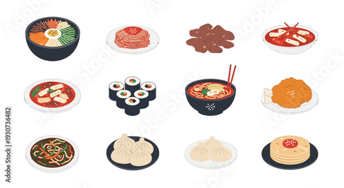 Korean Food Set Illustration Vector, Traditional South Korea Cuisine Collection Flat Style