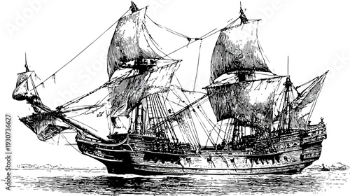 A detailed black and white illustration of a tall sailing vessel at sea, with billowing sails