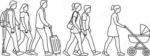 People walking set outline vector illustration, men and women pedestrians with backpack suitcase and baby stroller isolated on white background