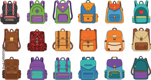 Colorful backpack collection set, school bags illustration isolated on white background, modern travel rucksack design variety concept